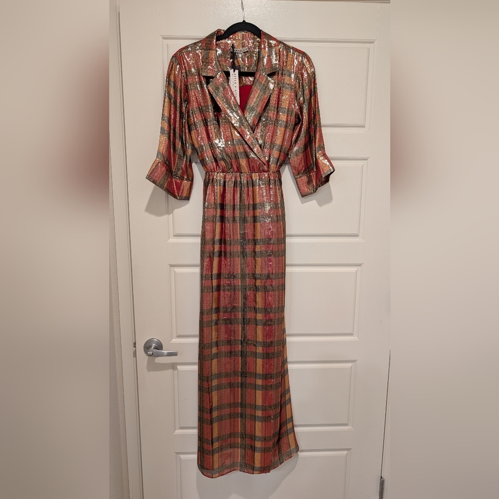 Elegant Plaid Maxi Dress - Red and Gold